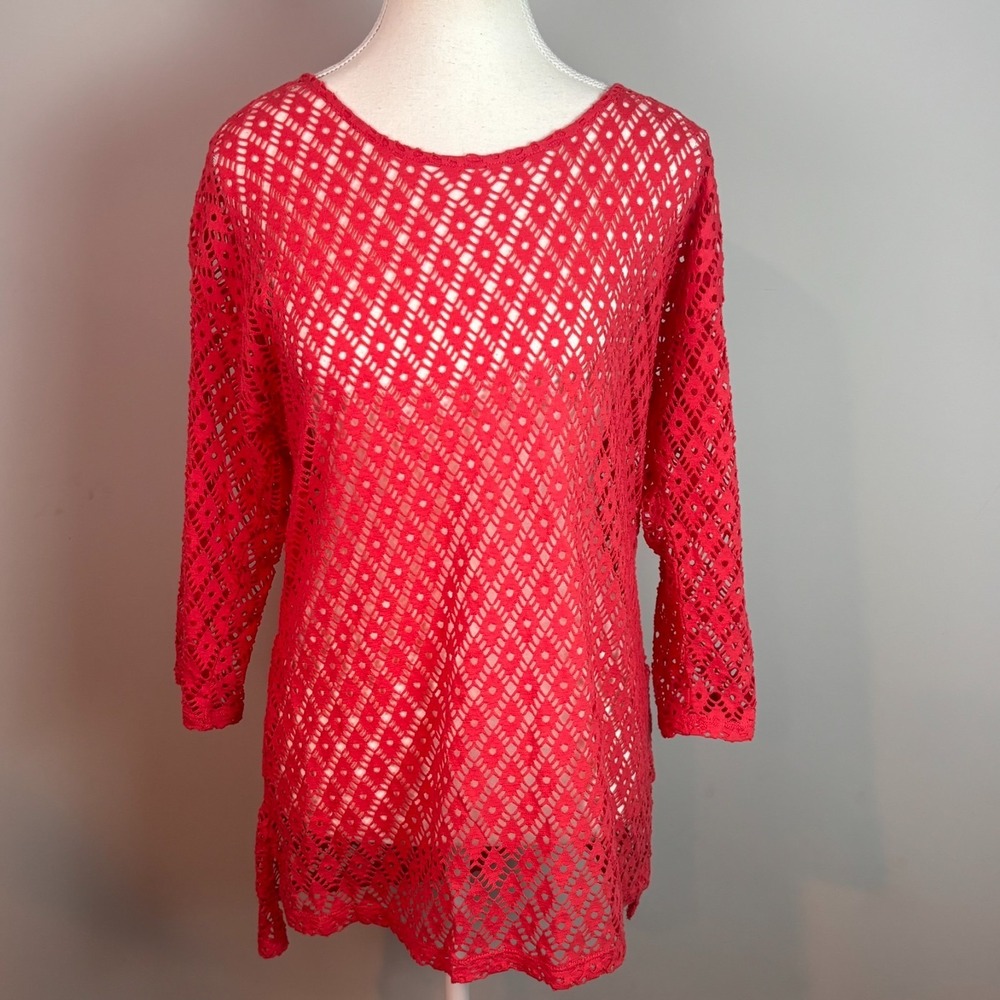 Chicos Womens Open Knit Crochet Pink Tunic Beach Sweater sz 1 (MED) Resortwear
